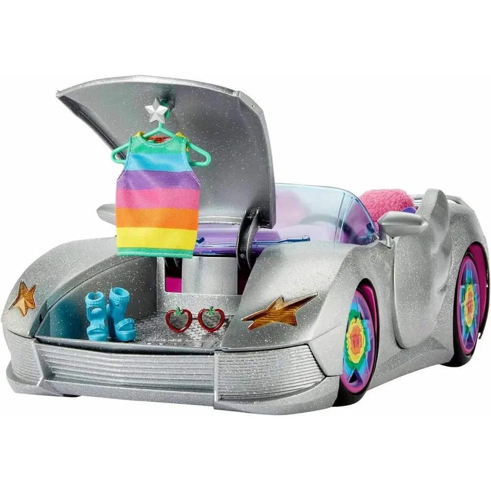Barbie Car, Barbie Extra Set, Sparkly Silver 2-Seater Toy Convertible with Puppy